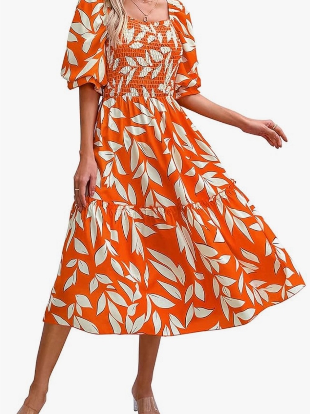 Smocked Square-Neck Orange Leaf Print Midi Dress - Women